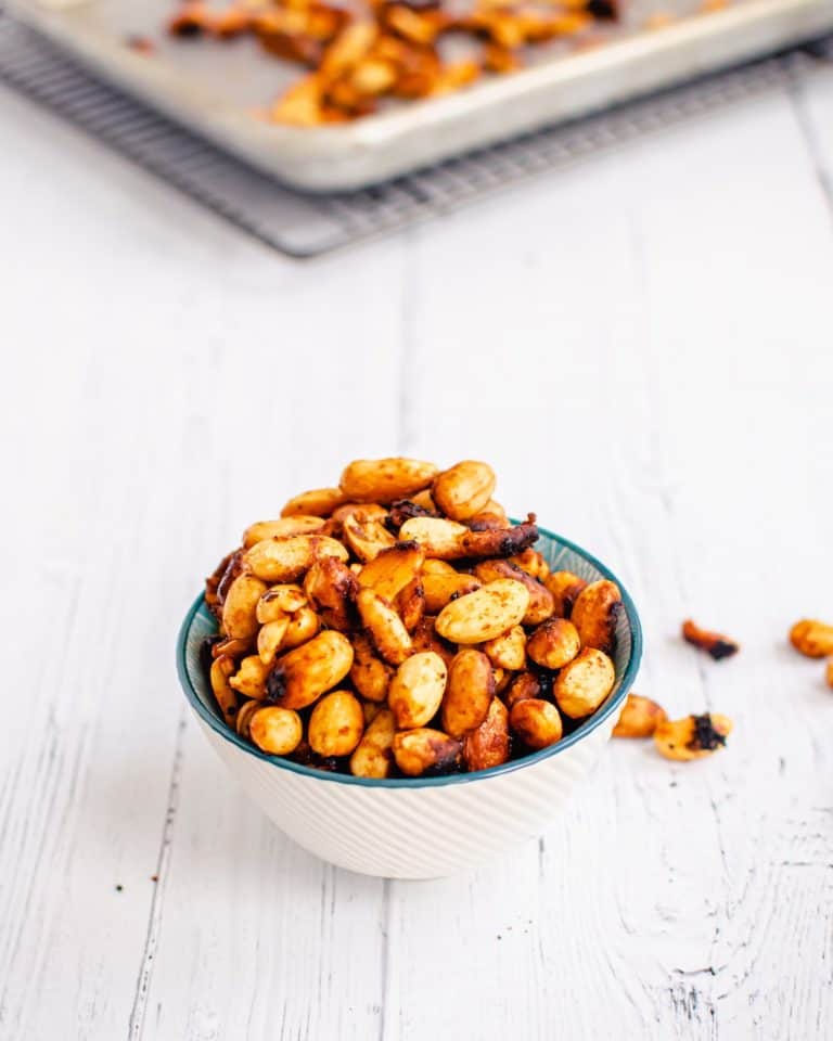 mexican chili lime peanuts in white bowl
